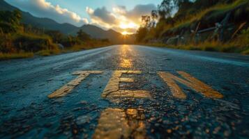 AI Generated Symbol of sustainable future on asphalt road surface with markings. Inspirational and motivational concept. photo