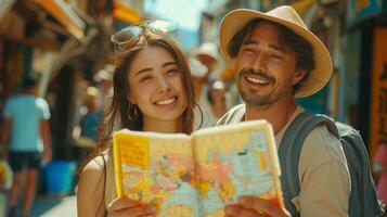 AI Generated Couple using a local map on a sunny day, man pointing forward to copy space. Honeymoon trip, backpacker tourist, Asia city tourism, or summer vacation travel concept. photo