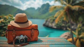 AI Generated A vintage suitcase, hipster hat, photo camera, and passport are displayed on a wooden deck. Tropical sea, a beach, and palm trees are in the background. This banner is a concept design