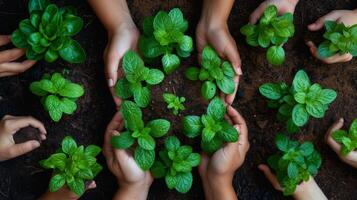 ai generado colaboración, crecimiento y diversidad con empleados y suelo para un sostenible futuro, camaradería, o comunidad. plantas, sostenibilidad, y ambiente con negocio personas para trabajo en equipo foto