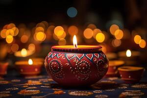 AI Generated Diya lights lamps on multicolored rangoli. photo