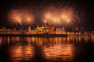 ai generado dorado templo consagrado por fuegos artificiales foto