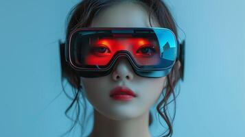 AI Generated This beautiful young Asian girl wears glasses and a virtual reality headset, showing her interest in virtual reality. photo