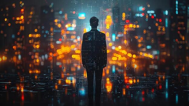 AI Generated The concept of a business technology, with a professional businessman walking on the future Pattaya city background at night with a futuristic interface graphic in a cyberpunk color photo