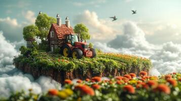 AI Generated A 3D illustration of smart farming concept, a tractor on a floating piece of land with cultivated fields and crops. Agricultural concept with clouds and birds. photo