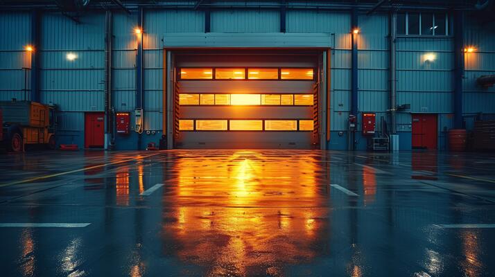 AI Generated Using roller shutters or roller doors for factories, warehouses and hangars. Showing products or providing an industry background using polished concrete floors and closed doors.