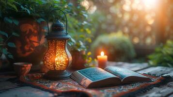 AI Generated Holy Quran and lantern lit for Ramadan kareem photo