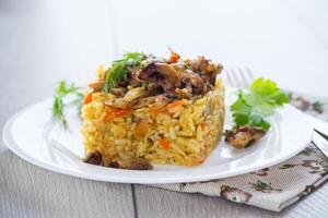 Diet pilaf with mushrooms and vegetables in a plate . photo