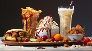 AI Generated The fast food items of fried chicken, shawarma, taco, hamburger, fires, chocolate ice-cream, and cold coffee are isolated on a white background. photo