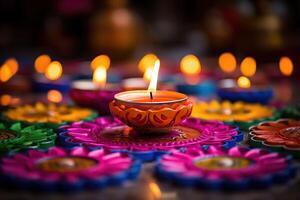 ai generado vistoso arcilla diya lamparas iluminado durante diwali celebracion foto