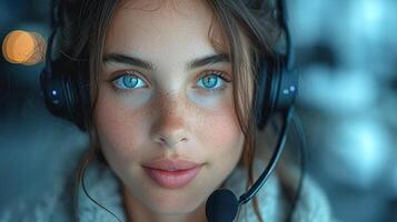 AI Generated In a call center, a woman wears a headset while working. photo