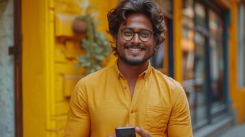 AI Generated Indian young man on cell phone isolated on yellow background. He is playing a game in an app on his smartphone, shopping online in an e-commerce store on his cellphone, and dating in an photo