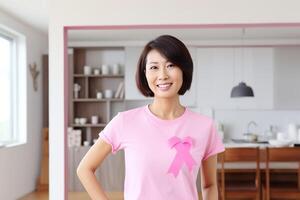 AI Generated A happy woman in a pink T-shirt with a ribbon photo