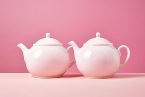 AI Generated Two white porcelain teapots lying on a pink background. photo
