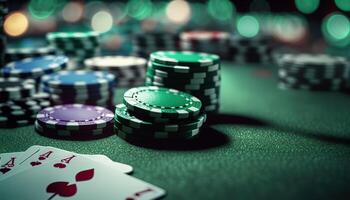 AI Generated Cards and chips for playing poker.Web banner for game design, flyer, poster, banner, online casino advertising. AI photo