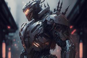 AI Generated Robot in superhero iron suit.Futuristic, modern illustration. Innovative technologies. Generative ai photo