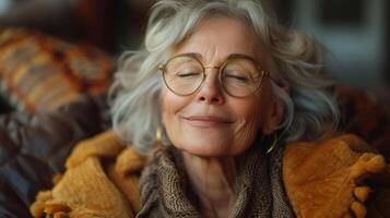 ai generado el imagen es un aislado retrato de un joven, energético, y alegre mayor mujer a hogar foto