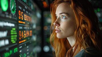AI Generated Women use a computer to analyze ESG in business investment strategy concept, surrounded by ESG icons. photo