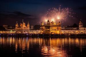 AI Generated Golden temple consecrated by fireworks photo