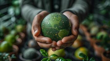 ai generado empresario participación un verde pelota con un lca icono. ambiental impacto evaluación relacionado a el negocio valor cadena. foto