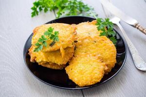 fried vegetarian potato pancakes in a plate. photo