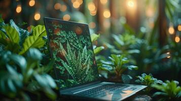 AI Generated A laptop display on environmental social governance shows a meeting with business people implementing environmental protection to safeguard the environment for clean and sustainable photo