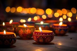 AI Generated Colorful clay diya lamps lit during diwali celebration photo