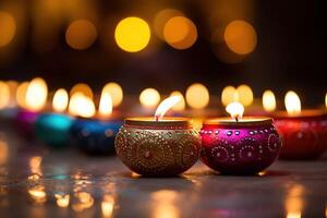 AI Generated A group of decorative Indian Diwali lamps photo