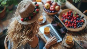 AI Generated View from above of a woman eating breakfast while working on her laptop at home photo