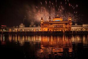 AI Generated Golden temple consecrated by fireworks photo
