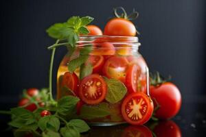 Red ripe tomatoes in a jar, preservation, AI image. photo