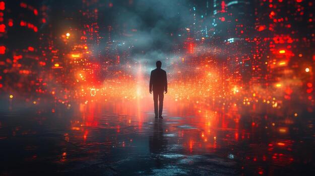 AI Generated Tech concept of professional businessman walking in future network city at night, with futuristic interface graphic, in cyberpunk color scheme photo