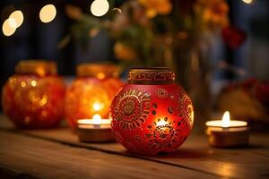 AI Generated Happy Diwali - Colorful clay diya lamps lit during diwali celebration with copy space photo