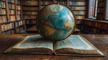 AI Generated An old globe lies on a book in a library. Retro style. Science, education, travel, vintage background. Education history and geography team. photo