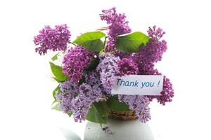 bouquet of different blooming spring lilacs in basket on white background photo