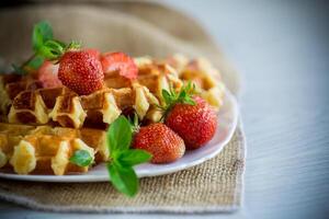 Sweet curd cooked waffles with fresh ripe strawberries photo