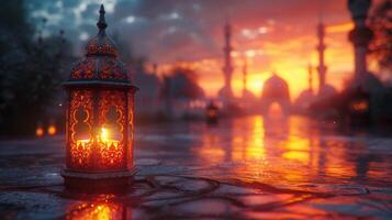 AI Generated The Arab lantern with the burning candle on a mosque background in the evening. A festive greeting card, an invitation to the Muslim holy month of Ramadan Kareem. photo