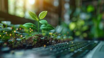 AI Generated A laptop with ESG environmental social governance displayed on the background of an eco-friendly company meeting with business people implementing environmental protection for a photo