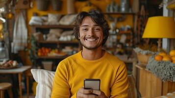 AI Generated Happy Indian male holding smartphone ordering online, making mobile banking payment, using advertising application on cellphone. photo