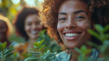 AI Generated An interethnic business group is discussing financial strategy, renewable power, sustainable innovation projects, and environmental economic issues while smiling and interacting with one photo