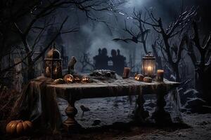 AI Generated Halloween concept, gloomy forest and cemetery photo