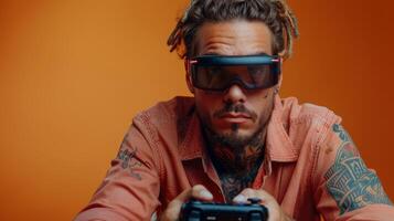 AI Generated Tattooed young brunet man in his 20's with an apricot shirt holds a PC game controller with joystick while watching a VR headset on a pastel orange background. photo