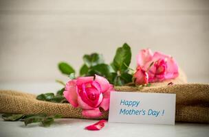 pink beautiful summer roses on wooden table photo