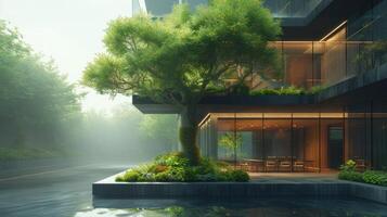 AI Generated Sustainable green construction. Eco-friendly office building with trees for reducing CO2. Environmentally friendly corporate building with safety glass. Eco-friendly office building with photo