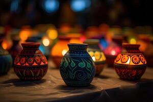 AI Generated Happy Diwali - Clay Diya lamps lit during Diwali photo