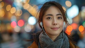 AI Generated An Asian businesswoman looking sideways while waiting for a cab in the morning. A happy young woman with earphones listening to music in the city. The grain in this photo is intentional