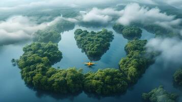 AI Generated Aerial view of dense rainforest vegetation with lakes shaped like world continents, clouds and a yellow airplane. photo