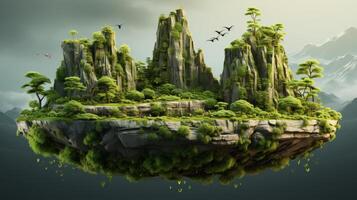 AI Generated An abstract 3D rendering of flying paradise rock floating island with green grass field. An isolated 3D rendering of floating rock with grass lawn, an empty field with floating rock. photo