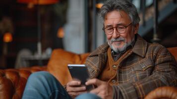 ai generado empresario de medio edad, latino o indio, utilizando móvil aplicación en su teléfono, computadora portátil, como él se sienta en el oficina, trabajando en línea en un artilugio con Copiar espacio. foto