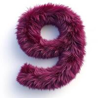 AI generated A close-up view of a number 9 characterized by its soft, furry texture and vibrant purple color, standing out against a pristine white backdrop. photo